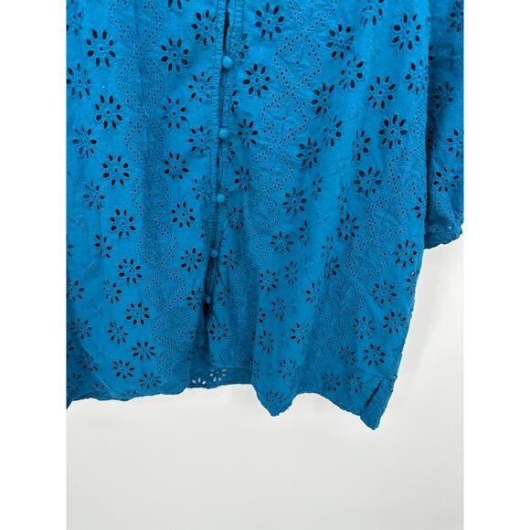 Nuture Westbound Top Women 1X Blue Eyelet Puff Sleeve Cotton Boho Summer Shirt - Picture 3 of 8
